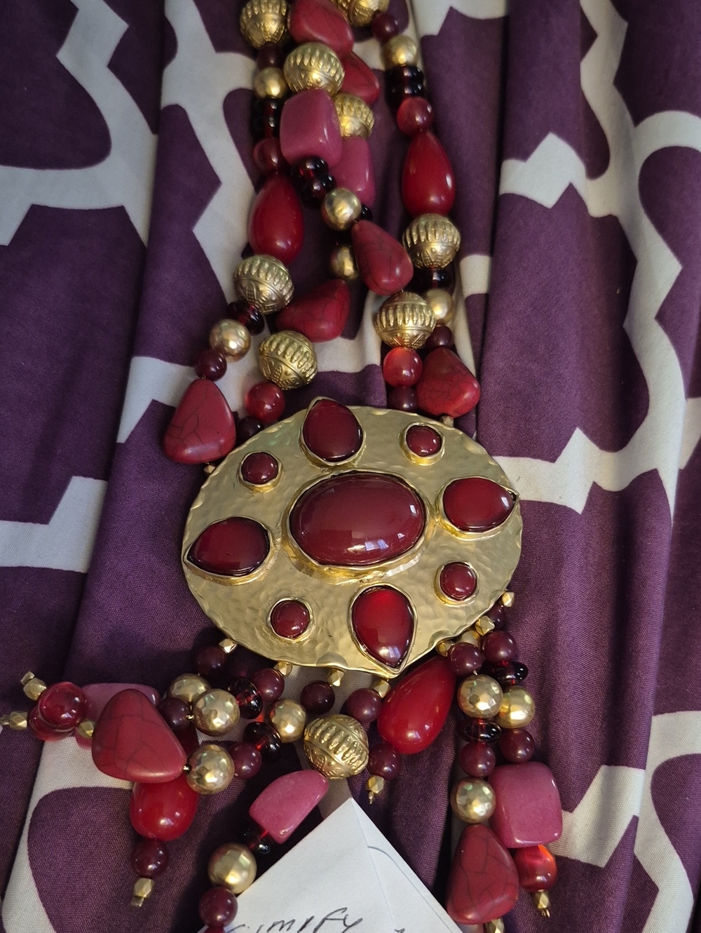 NEW-'Gold-Plated Multi-Strand Red Stone Necklace